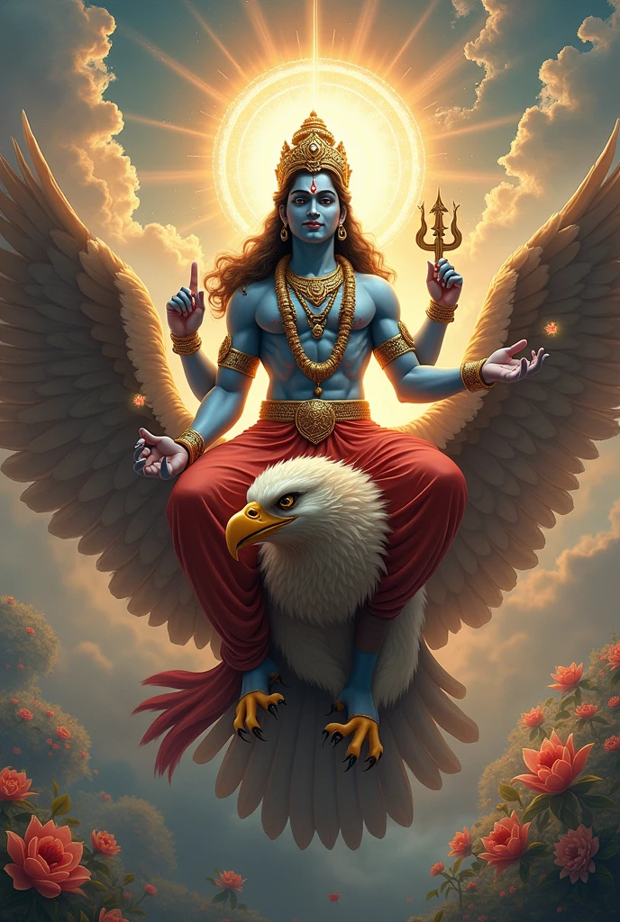 Lord Vishnu on top of the king of the birds the mighty eagle Garuda and lord Vishnu is carrying sudarshana chakra the glowing discuss in his hand