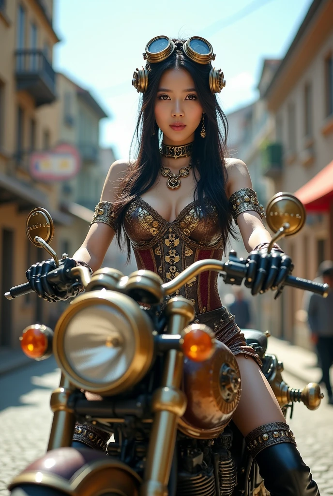 A Korean woman adorned in intricate steampunk attire, seated on a detailed motorcycle. She wears a corset with gears and cogs, a crown-like headpiece with multiple goggles, and gloves with mechanical embellishments. The backdrop is an old-world city with ornate buildings, cobblestone streets, and a clear sky. The motorcycle itself is a fusion of metal and brass, with gears, cogs, and intricate designs. The overall ambiance is one of fantasy and steampunk aesthetics., photo