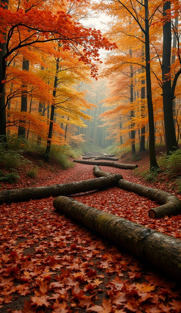 Autumn forest, fiery leaves, fallen logs, warm hues.