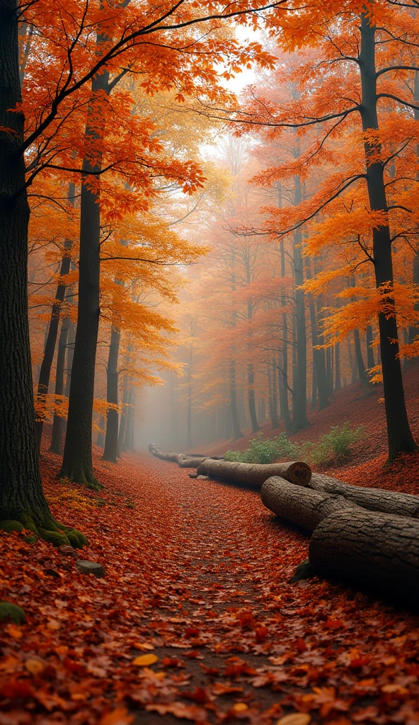 Autumn forest, fiery leaves, fallen logs, warm hues.