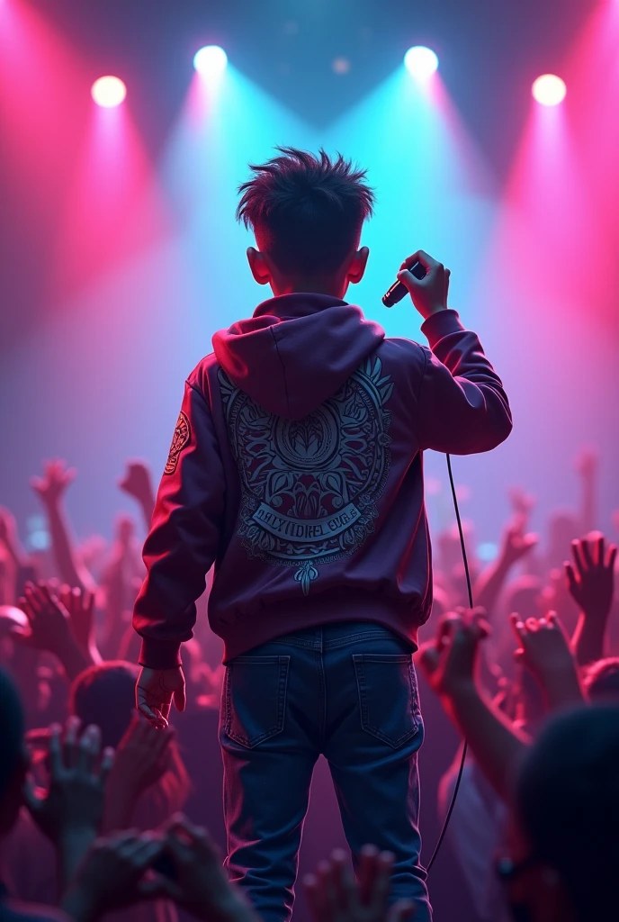 One boy singing rapp concert
Back jacket name lil_sameer
Mike hand