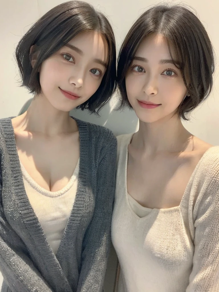 (masterpiece:1.3), (8k, Photoreal, Raw photo, best image quality: 1.4), Japanese high school girl、(random hairstyle:1.2)、cleavage:1.5、super detail face、eye for details、double eyelid、chest to chest、sharp focus:1.2、Beautiful woman:1.4、light brown hair、highest quality、masterpiece、超A high resolution、(Photoreal:1.4)、Highly detailed and professionally lit smiles、loose and light knitwear、shoulder out、thin、serious expression、short haired、deadly position
similar identical twins
All the girls have the exact same face, The two have the same face and figure, as if they were mirror images.