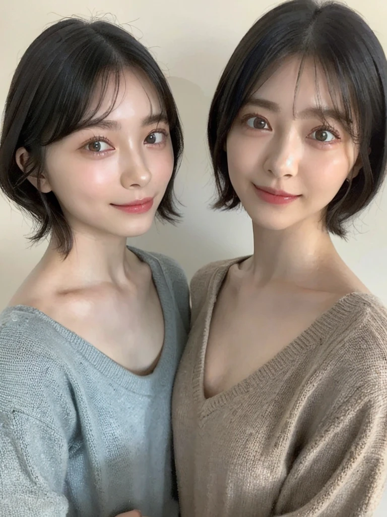 (masterpiece:1.3), (8k, Photoreal, Raw photo, best image quality: 1.4), Japanese high school girl、(random hairstyle:1.2)、cleavage:1.5、super detail face、eye for details、double eyelid、chest to chest、sharp focus:1.2、Beautiful woman:1.4、light brown hair、highest quality、masterpiece、超A high resolution、(Photoreal:1.4)、Highly detailed and professionally lit smiles、loose and light knitwear、shoulder out、thin、serious expression、short haired、deadly position
similar identical twins
All the girls have the exact same face, The two have the same face and figure, as if they were mirror images.