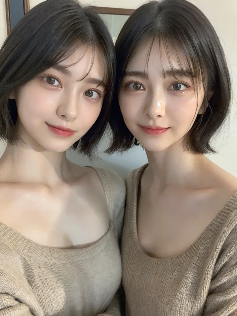 (masterpiece:1.3), (8k, Photoreal, Raw photo, best image quality: 1.4), Japanese high school girl、(random hairstyle:1.2)、cleavage:1.5、super detail face、eye for details、double eyelid、chest to chest、sharp focus:1.2、Beautiful woman:1.4、light brown hair、highest quality、masterpiece、超A high resolution、(Photoreal:1.4)、Highly detailed and professionally lit smiles、loose and light knitwear、shoulder out、thin、serious expression、short haired、deadly position
similar identical twins
All the girls have the exact same face, The two have the same face and figure, as if they were mirror images.
