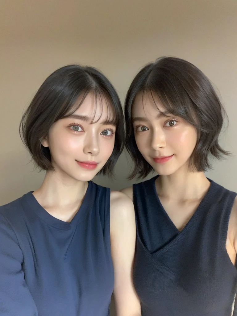 (masterpiece:1.3), (8k, Photoreal, Raw photo, best image quality: 1.4), Japanese high school girl、(random hairstyle:1.2)、cleavage:1.5、super detail face、eye for details、double eyelid、chest to chest、sharp focus:1.2、Beautiful woman:1.4、light brown hair、highest quality、masterpiece、超A high resolution、(Photoreal:1.4)、Highly detailed and professionally lit smiles、loose and light knitwear、shoulder out、thin、serious expression、short haired、deadly position
similar identical twins
All the girls have the exact same face, The two have the same face and figure, as if they were mirror images.