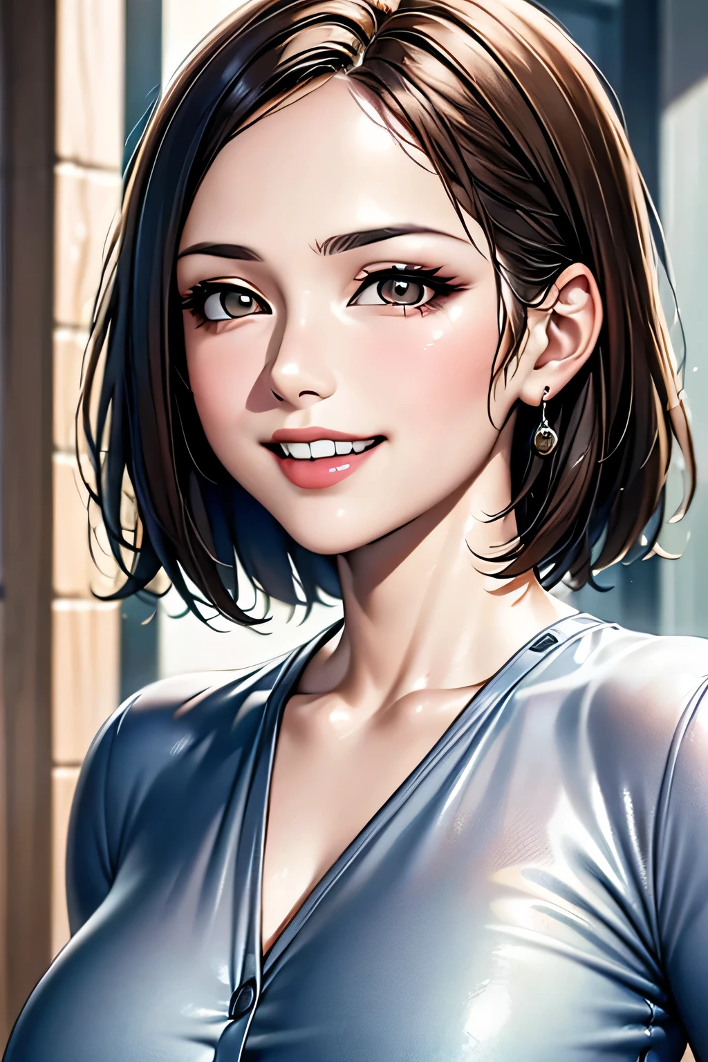 ((masterpiece)), ((Highest quality)), ((Complex)), ((Surreal)), (Realistic), (Mature Woman), ((No classes)), Very detailed, (1 female), Beautiful and exquisite, (Beautiful Teeth), Grin, Brunette bob hair, Brown eyes, ((blouse)), (Upper Body), (background:none), Perfect Eyes, Captivating eyes, Looking at the audience