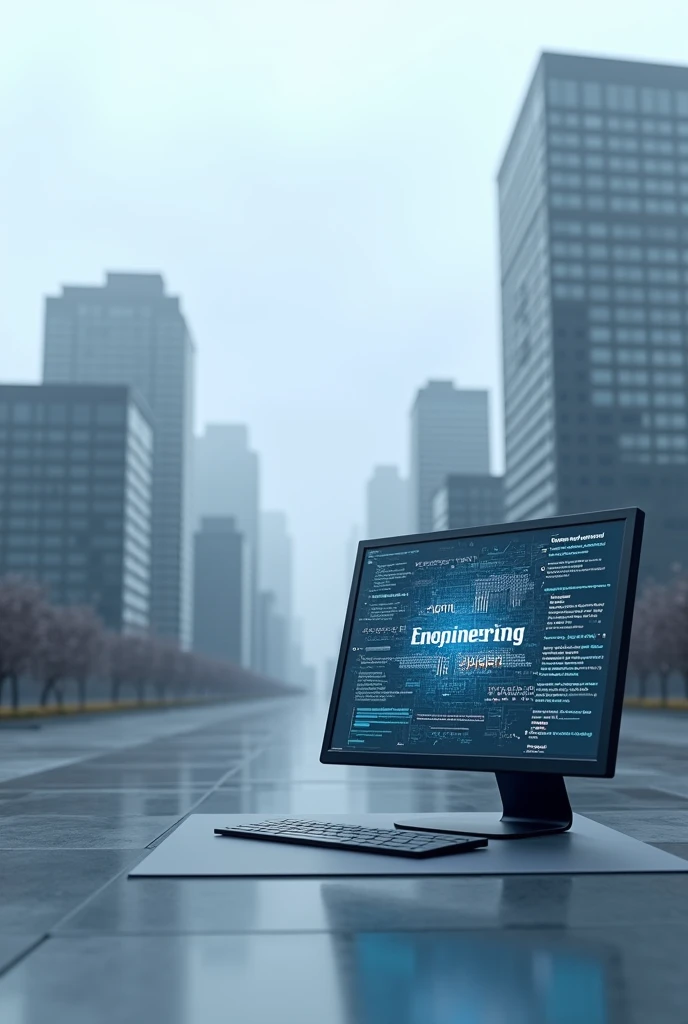 I want an image with one building after another in grey and blue tones. A computer showing code and graphics and within the graphics the word data engineering is written in an abstract way