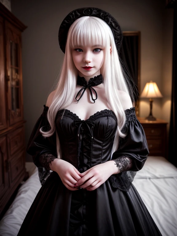 female vampire|albino, pale porcelain skin, vintage black dress, smile, shallow depth of field, sadistic, nightfall, detailed face, night, wide hips, narrow waist, portrait of woman standing, detailed eyes, portrait of woman standing, 8k RAW photo, highest quality, (looking at the viewer:1.3), best shadow, intricate details, (bold hair:1.3),(bright eyes), grave, gothic, goth, dark castle, perky breasts, full body shot, kneeling, in bed, topless