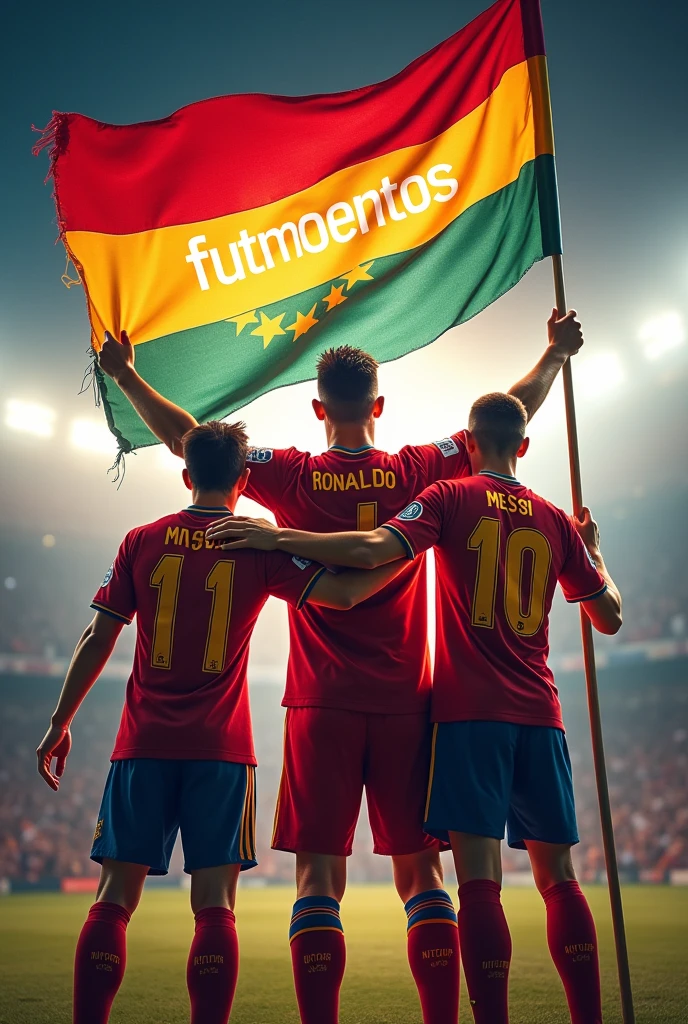 Create a banner of Cristiano Ronaldo holding a flag with the words "futmomentos" written next to Messi and Neymar