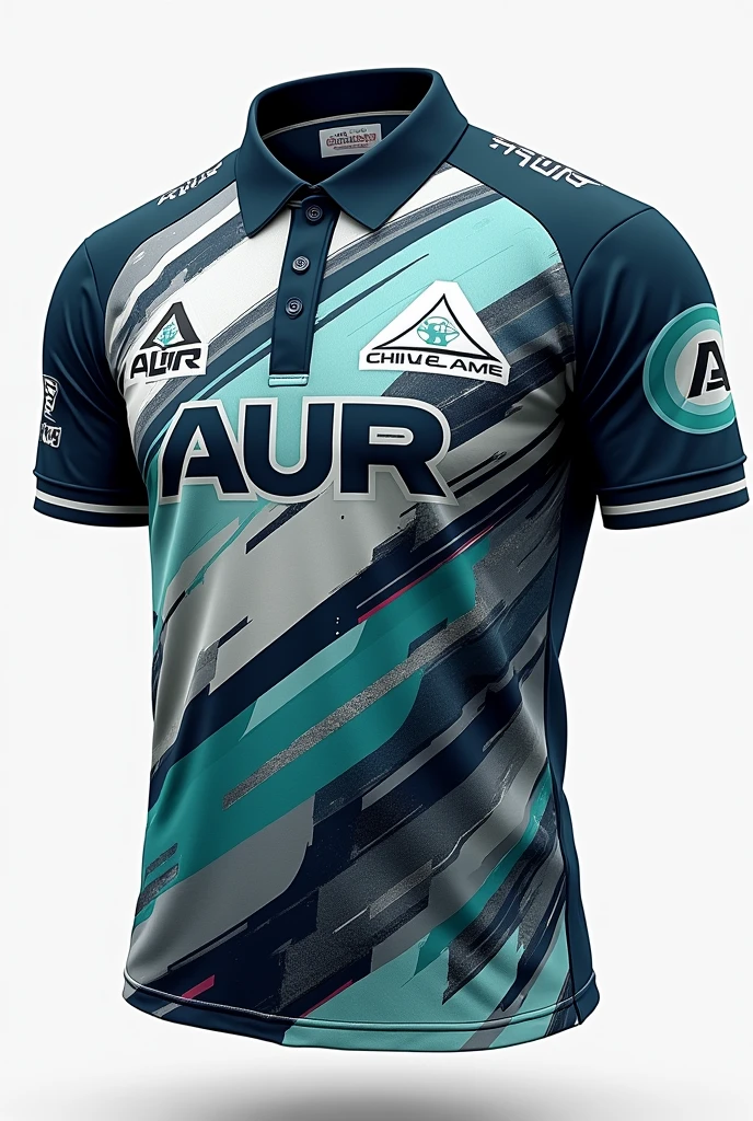 collar shirt and have a 3 button with a color dark blue (only collar). "AUR" at the front and the back also have a "Player" underneath have "Role". The aver all shirt color must "gray, little of black, lot of teal, blue, and little of white" and the design like "slash of snow flakes" with "geometric pattern slashh like wind"
Note: generate the front and back.