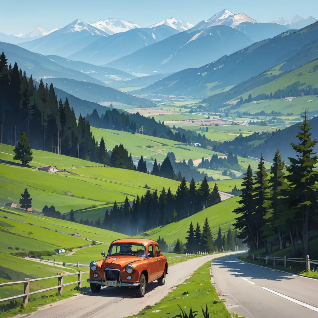 Landscape, road, mountains, vintage car, few trees, romance, music
