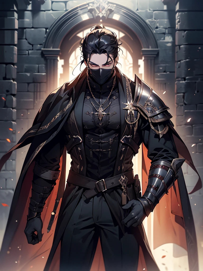 (masterpiece, high quality, cinematic lighting, backlighting, sharp colors)
Tall muscular young man, black hair tied in a bun, dark eyes, compact muscles. Face hidden by a full iron mask, expressionless. Wears medieval robe, leather shirt and pants, armor plates on vital areas. Dark crime scene background, shadowy atmosphere.