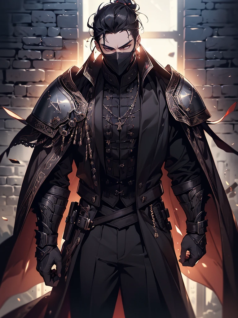 (masterpiece, high quality, cinematic lighting, backlighting, sharp colors)
Tall muscular young man, black hair tied in a bun, dark eyes, compact muscles. Face hidden by a full iron mask, expressionless. Wears medieval robe, leather shirt and pants, armor plates on vital areas. Dark crime scene background, shadowy atmosphere.