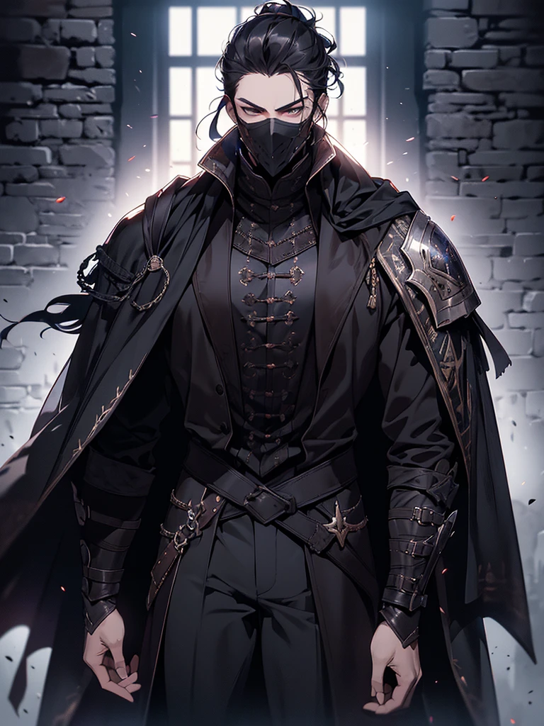 (masterpiece, high quality, cinematic lighting, backlighting, sharp colors)
Tall muscular young man, black hair tied in a bun, dark eyes, compact muscles. Face hidden by a full iron mask, expressionless. Wears medieval robe, leather shirt and pants, armor plates on vital areas. Dark crime scene background, shadowy atmosphere.