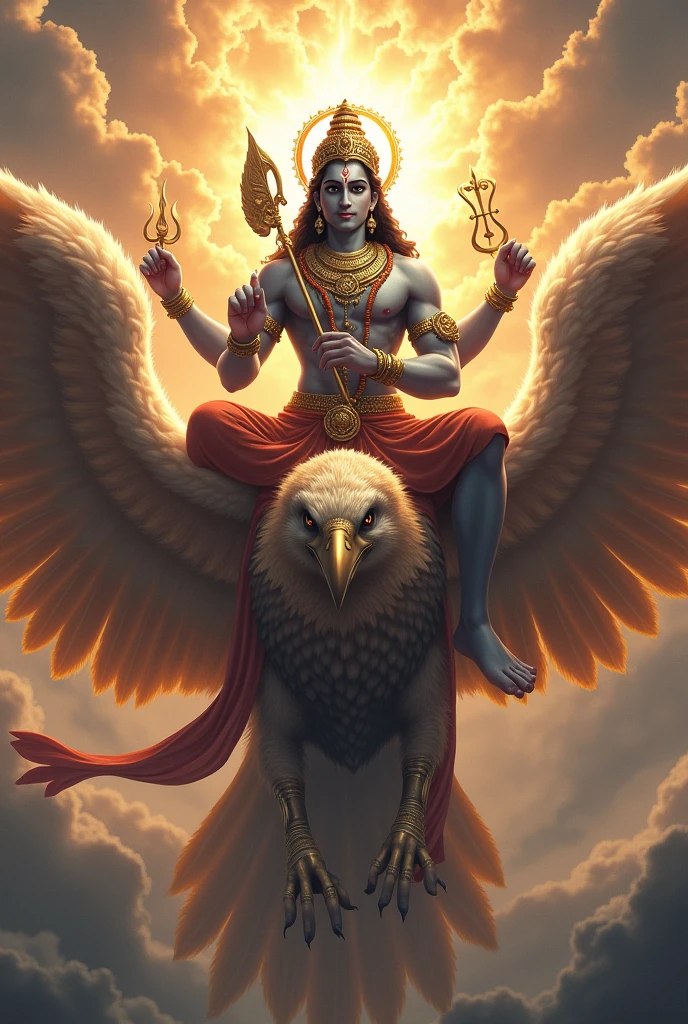 Lord Vishnu on top of the king of the birds the mighty eagle Garuda 