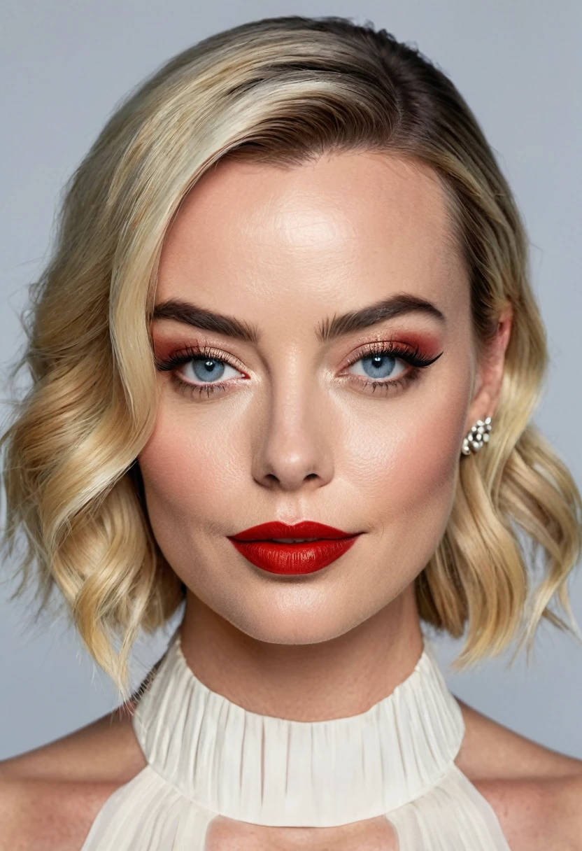 A waist-up portrait of a beautiful female whose face combines features of Margot Robbie + Samantha Rone. The female has lovely makeup on her face. The female wears red lipstick. Symmetrical eyes. Symmetrical face. Lovely details. Photorealistic. Full-colored photo. Professional photo. Highly detailed 8K.