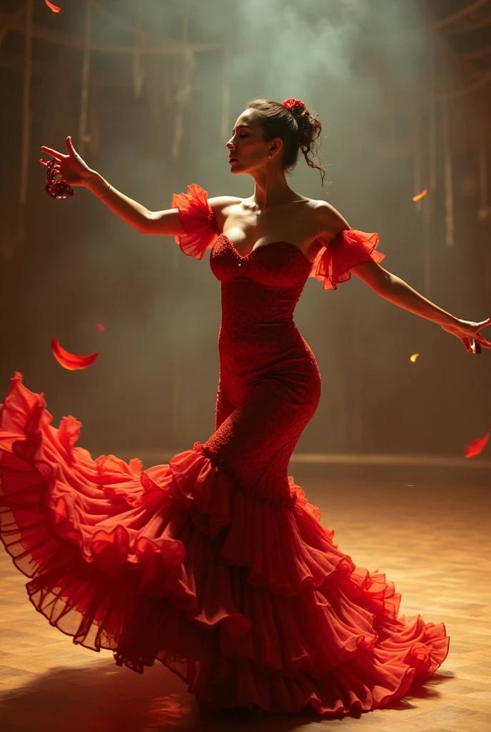 Create a video of a Spanish female flamenco dancer performing with castanets. Capture the intricate hand movements, rhythm, and passion of flamenco dance while highlighting the sound of the castanets,(Surrealism, UHD, retina, masterpiece, accurate, anatomically correct, textured skin, super detail, high details, high quality, best quality, 8k)