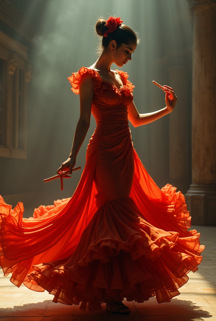 Create a video of a Spanish female flamenco dancer performing with castanets. Capture the intricate hand movements, rhythm, and passion of flamenco dance while highlighting the sound of the castanets,(Surrealism, UHD, retina, masterpiece, accurate, anatomically correct, textured skin, super detail, high details, high quality, best quality, 8k)