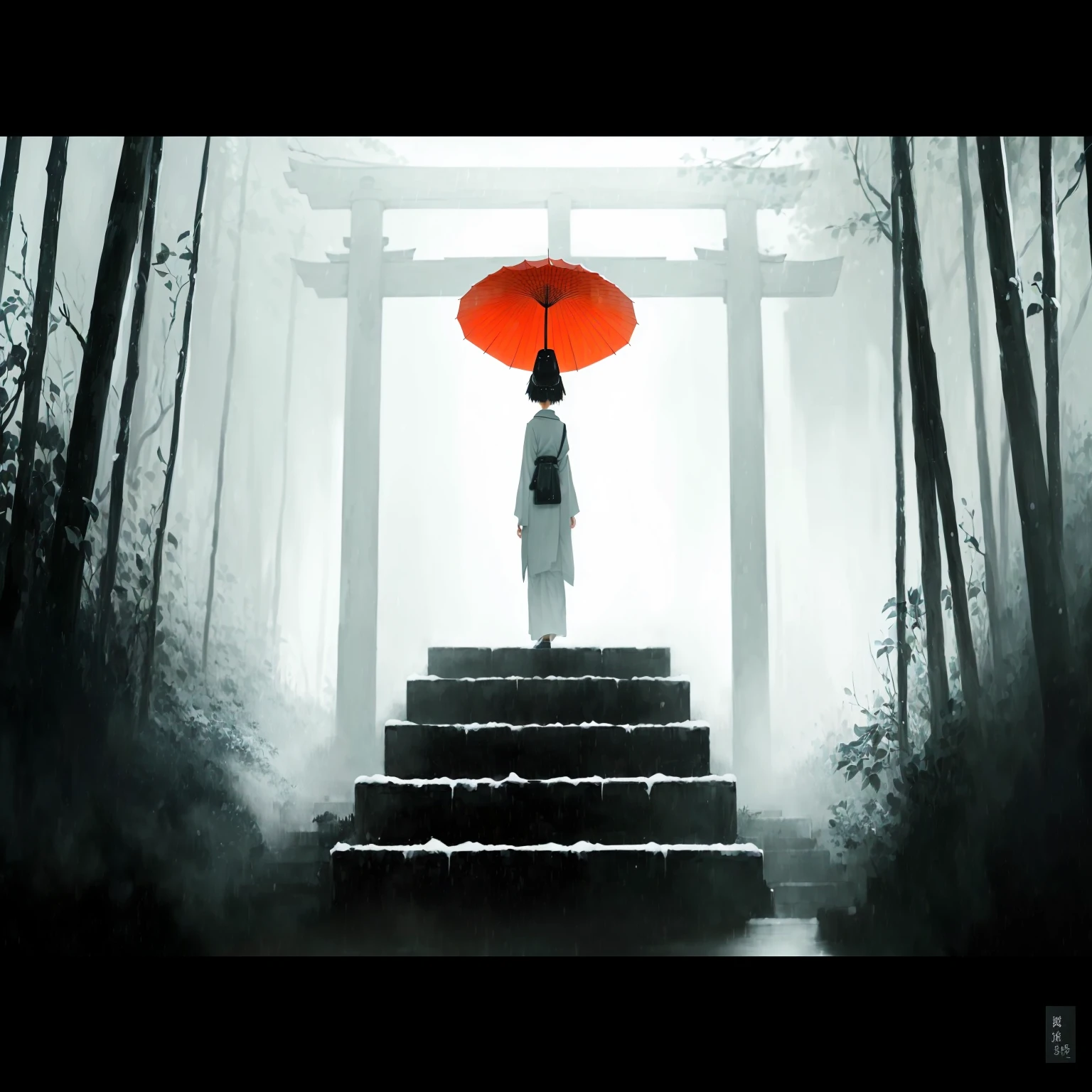 there is a person standing on a set of steps with an umbrella, takato yomamoto. 4 K, inspired by Torii Kiyomoto, japanese art style, inspired by Torii Kiyomitsu, inspired by Torii Kiyomasu, inspired by Kōshirō Onchi, [ 4 k digital art ]!!