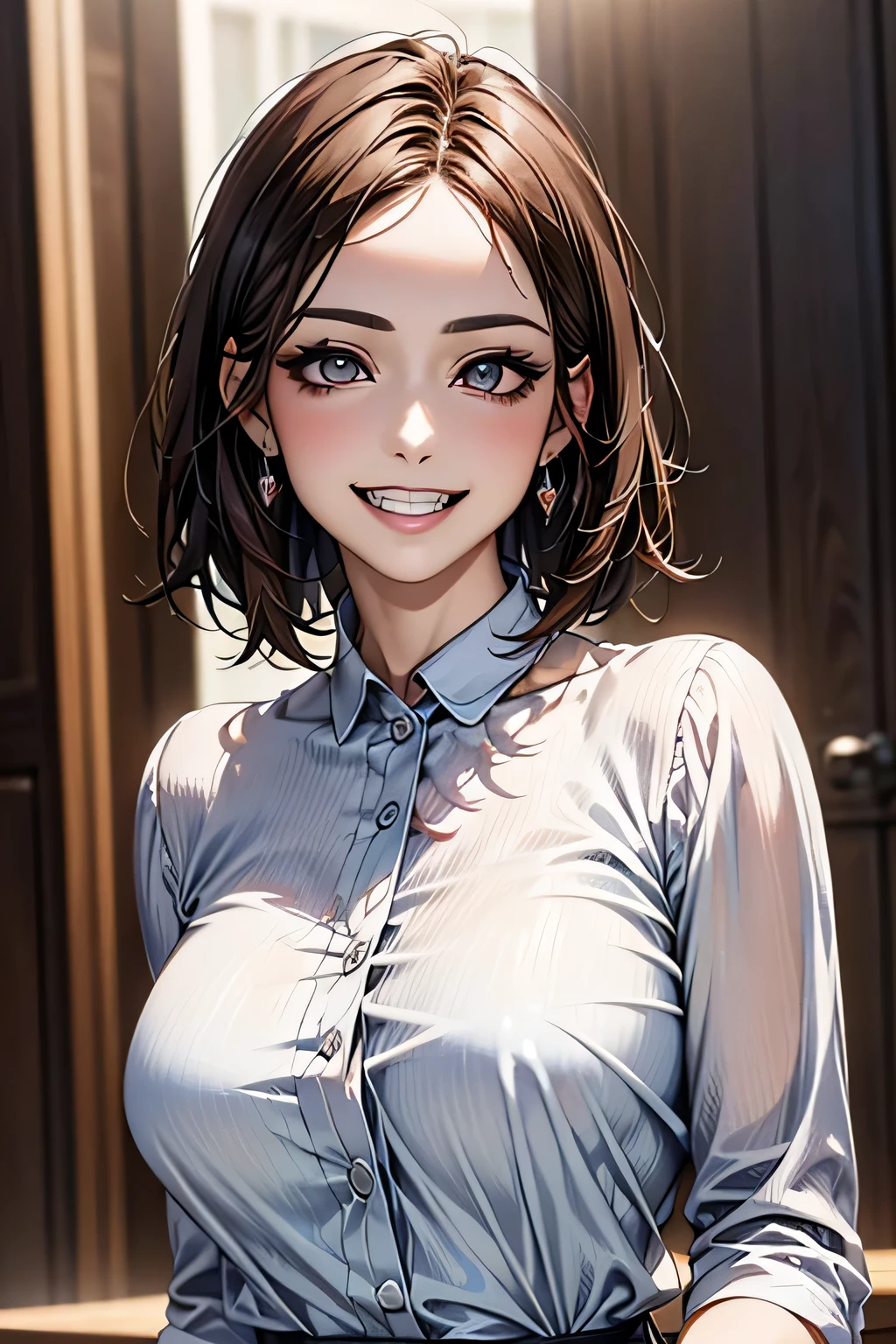 ((masterpiece)), ((Highest quality)), ((Complex)), ((Surreal)), (Realistic), (Mature Woman), ((No classes)), Very detailed, (1 female), Beautiful and exquisite, (Beautiful Teeth), Grin, Brunette bob hair, Brown eyes, ((blouse)), (Upper Body), (background:none), Perfect Eyes, Captivating eyes, Looking at the audience