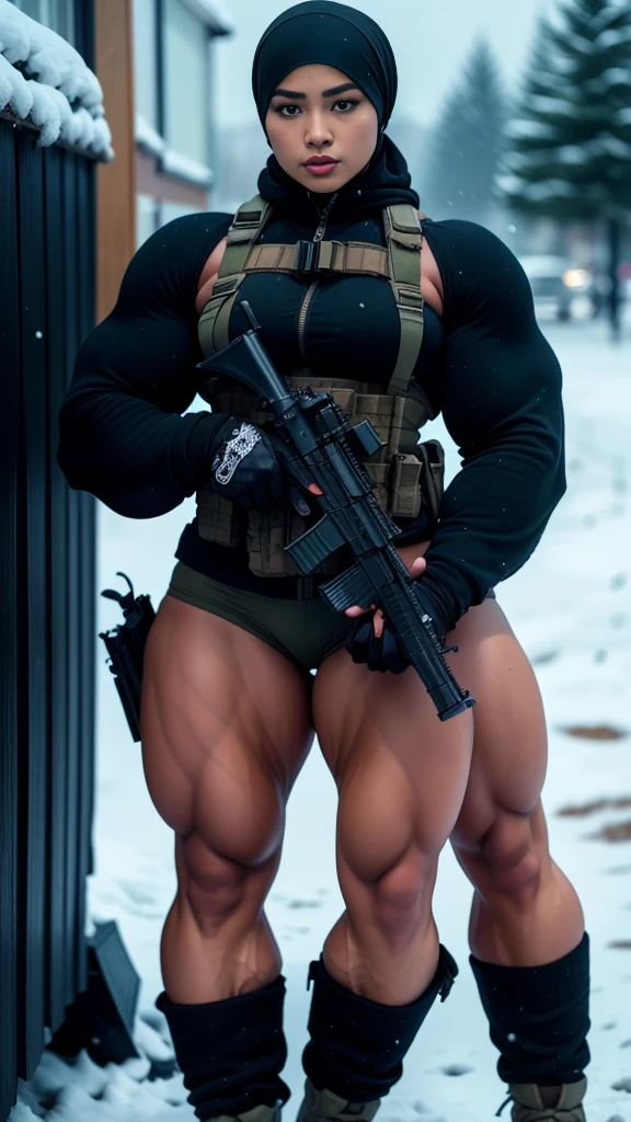 Photorealistic, high resolution, 1 malay woman in hijab, Solo, Hips up, Snow background,view the viewer, (Detailed face), White hijab, SWAT vests, sniper rifle handle, Black military uniform, bulletproof vest, Holding an assault rifle, M16, Inside the city, Very detailed, Perfect face, Black eye, jewelry, (full body view)