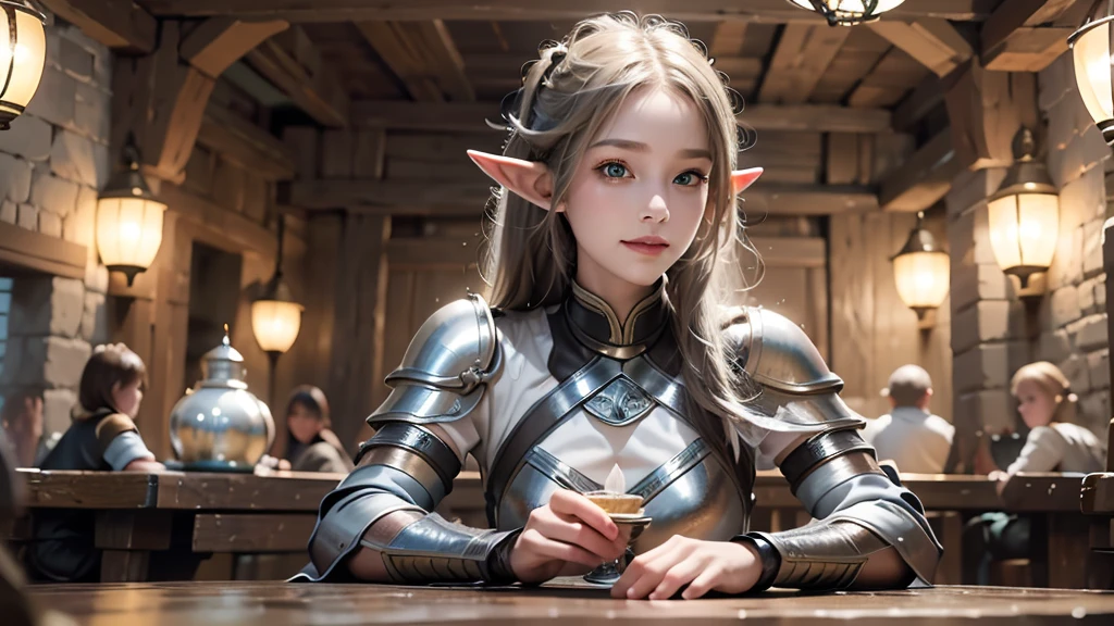 masterpiece, rest, best quality, Very detailed, Super real, 16K, high resolution, Bistro,(individual),Beautiful female elf,Openwork leather armor,回声 is sitting in a tavern, Smiling Face,Relax,Soft lighting