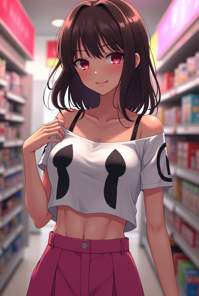 {{{masterpiece}}}, {{detailed}}, {detailed background}, {Best Quality}, high quality, High Definition, 4k, Lights, glares, {detailed eyes}, Motoko Kusanagi, shoulder length messy brown hair, red and gray heterochromia, white crop top with black symbols and pink skirt, happy, shopping, Full body beautiful anime style woman, clean detailed faces, intricate clothing, analog colors, bright shadows, Beautiful gradient, depth of field, clean image, high quality, High detail, High Definition, Luminous Studio graphics engine, beautiful face, Thin waist, good hips, without clothes naked nude