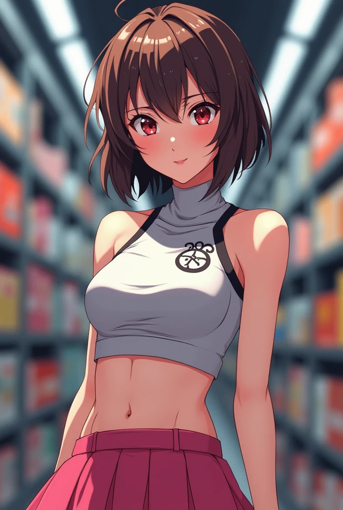 {{{masterpiece}}}, {{detailed}}, {detailed background}, {Best Quality}, high quality, High Definition, 4k, Lights, glares, {detailed eyes}, Motoko Kusanagi, shoulder length messy brown hair, red and gray heterochromia, white crop top with black symbols and pink skirt, happy, shopping, Full body beautiful anime style woman, clean detailed faces, intricate clothing, analog colors, bright shadows, Beautiful gradient, depth of field, clean image, high quality, High detail, High Definition, Luminous Studio graphics engine, beautiful face, Thin waist, good hips, without clothes naked nude