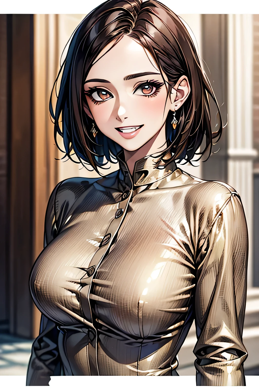 ((masterpiece)), ((Highest quality)), ((Complex)), ((Surreal)), (Realistic), (Mature Woman), ((No classes)), Very detailed, (1 female), Beautiful and exquisite, (Beautiful Teeth), Grin, Brunette bob hair, Brown eyes, ((blouse)), (Upper Body), (background:none), Perfect Eyes, Captivating eyes, Looking at the audience