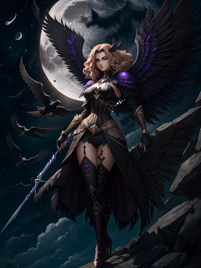 Dark harlequin with light hair and raven wings stands against the moon