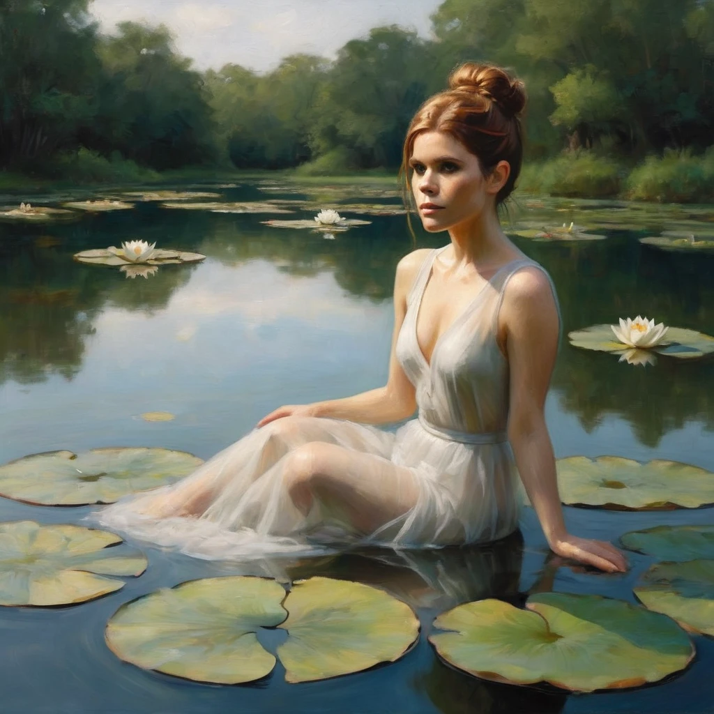 a lovely woman (Kate Mara, sheer airy gown) in a pond with lily pads in the water, in a pond, standing in a pond, floating in a powerful zen state, nymph in the water, sitting in a reflective pool, floathing underwater in a lake, sitting at a pond, in water up to her shoulders, the hair floats on the water, in a lake, in the water
