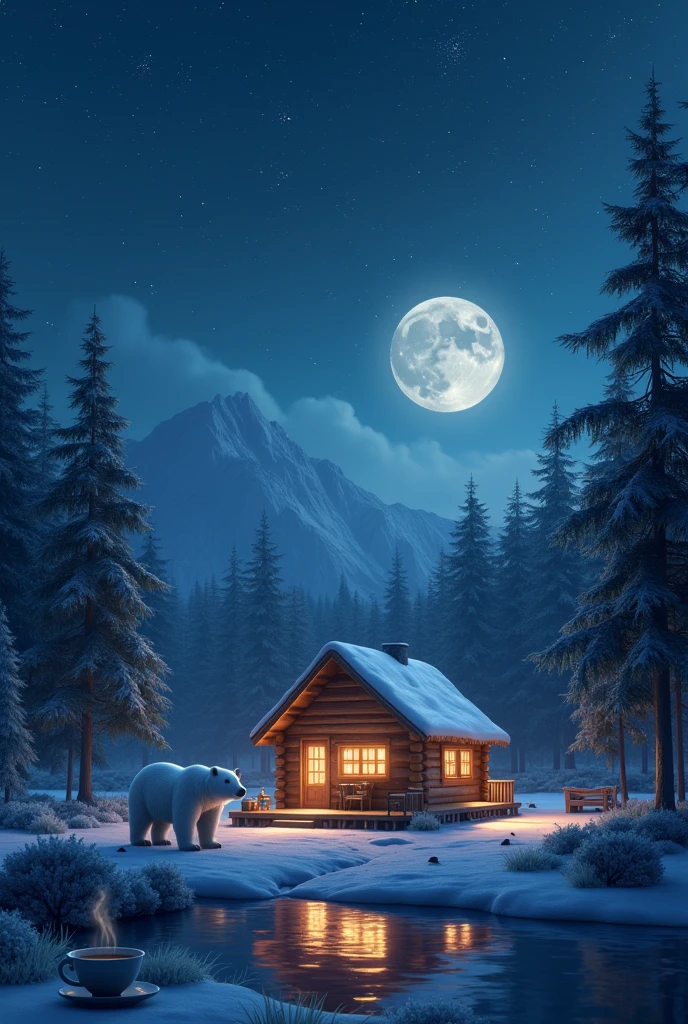 A cabin with the night sky and a white bear and another coffee