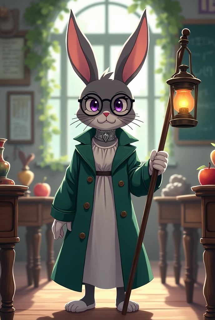 A fantasy, anime styled picture of a smaller rabbit woman with dark grey fur wearing a long moss green trenchcoat with a white dress underneath. She is standing in a magical classroom, holding a metal staff with a lantern at the end. She has large, circular, thick rimmed glasses and a silver choker, as well as loose white gloves that end just after her wrists. She has deep purple eyes.