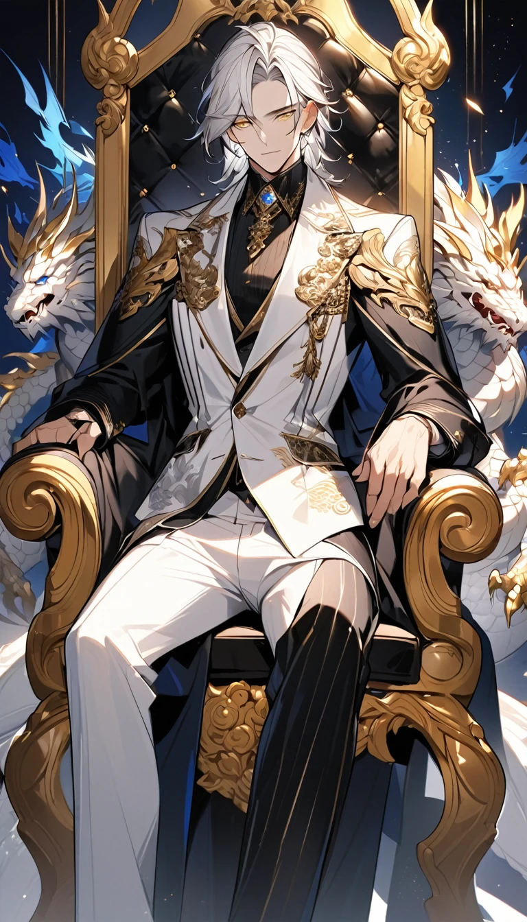 Handsome, solo, 1 male, long hair, white hair, yelow eye, wearing a black shirt, black and white suit, sitting on a golden chair with extremely beautiful and majestic dragon-engraved details. The image should depict a perfectly detailed, full-body figure in 8K resolution, ultra-high definition.