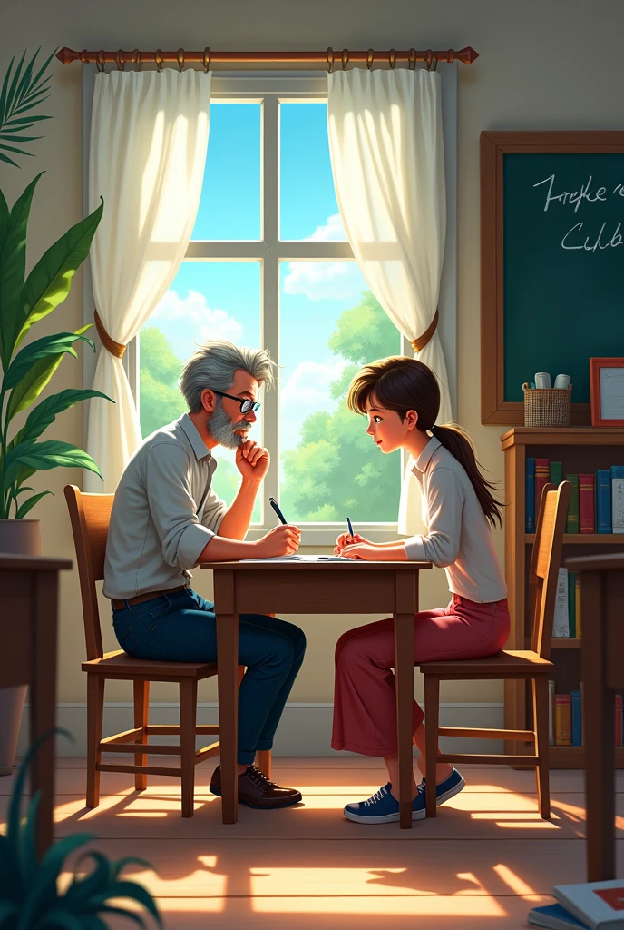 Create a image of a school  and teacher and student are sitting 