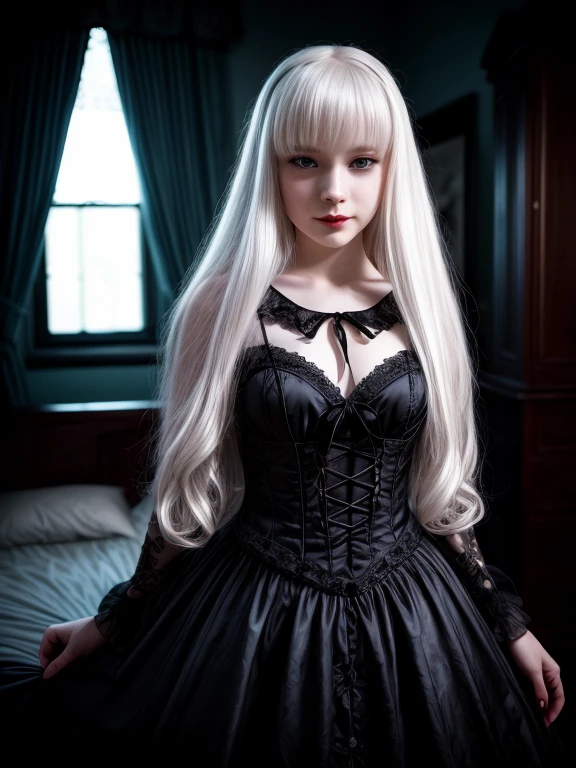 female sexy vampire|albino, pale porcelain skin, sexy vintage black dress, black skirt, (, loli:1.5), e, shallow depth of field, grin|creepy, nightfall, detailed face, night, wide hips, narrow waist, portrait of woman standing, detailed eyes, portrait of woman standing, 8k RAW photo, highest quality, looking at the viewer, best shadow, intricate details, long hair, pale white eyes, bedroom, night, detailed background, blue dark lighting, dark blue aesthetic, gothic, goth detailed, highres, high qualilty, high saturation