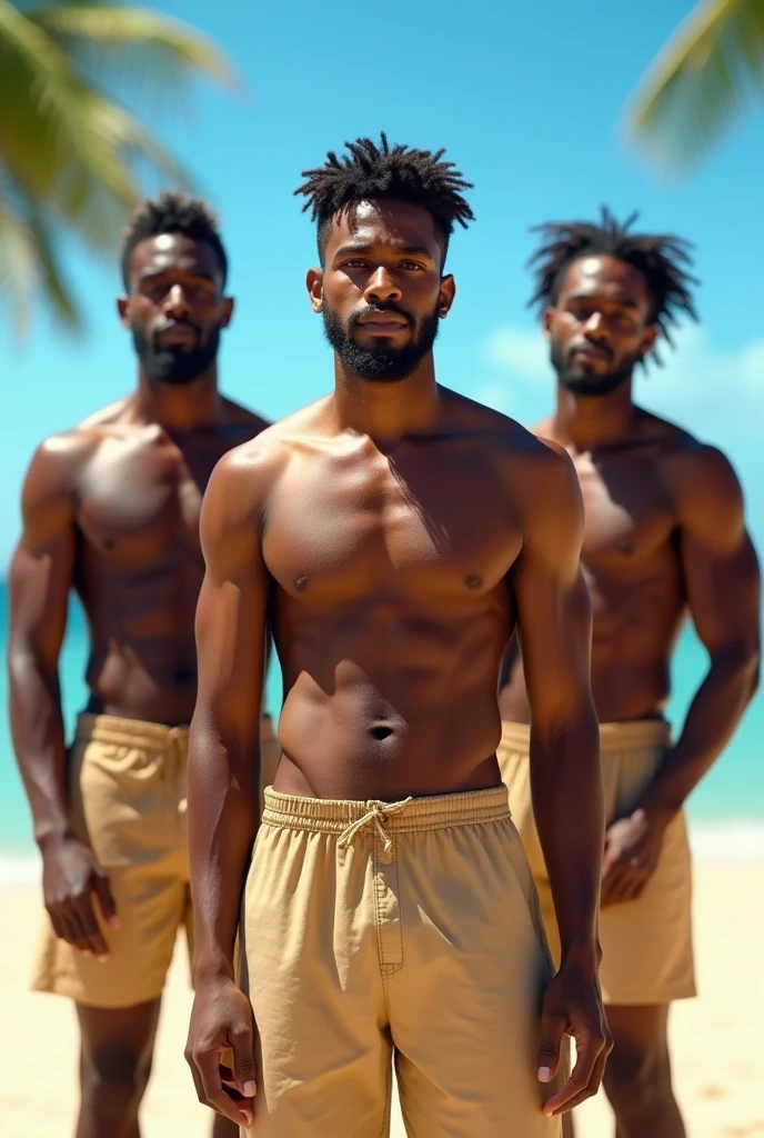 Three attractive muscular buff jamaican men, completely naked on the beach on a sunny day, each covering their penises low part with a piece of cardboard, without covering their muscular torsos