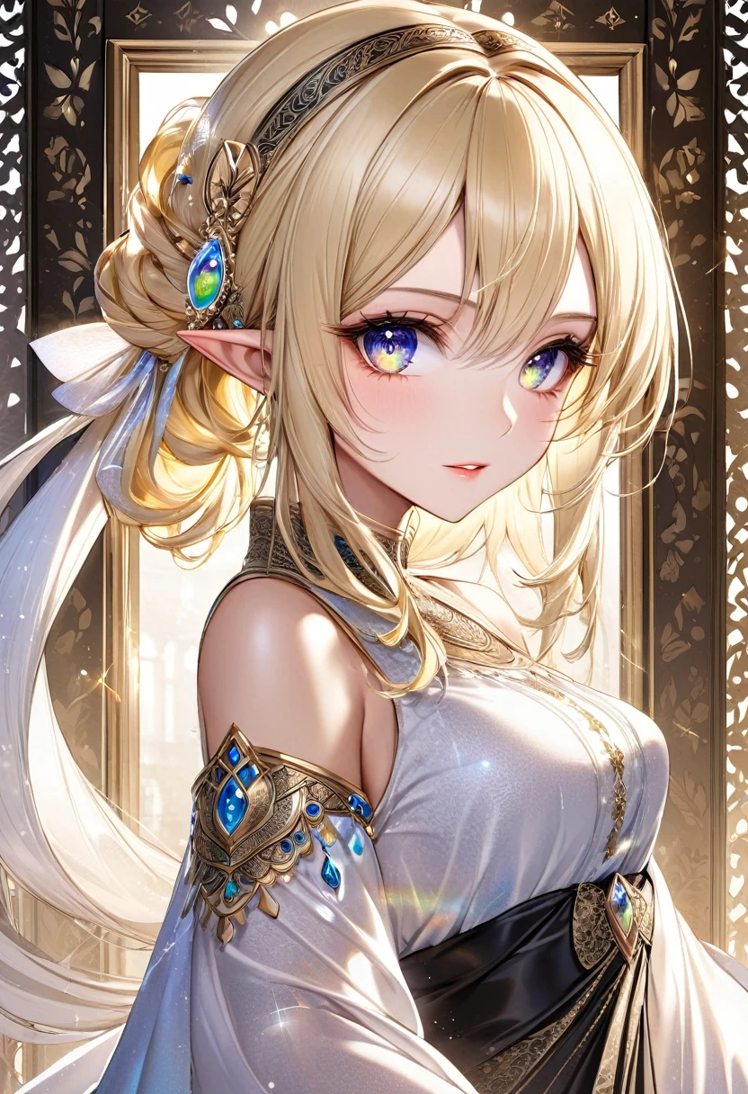 best quality, super fine, 16k, incredibly absurdres, extremely detailed, delicate and dynamic, cool and beautiful pretty elf woman, blonde half-up hairstyle, blonde princess cut hairstyle, blonde hime-cut hairstyle, captivating look, aroused expression, tall and stylish, Arabian style outfit, wonderful effects that highlight the subject, gorgeously decorated frame, gorgeously decorated picture frame, transparent translucent glowing iridescent eyes