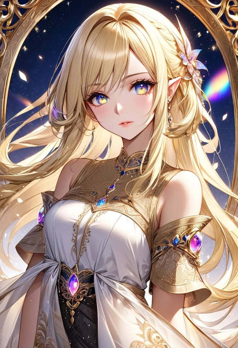 best quality, super fine, 16k, incredibly absurdres, extremely detailed, delicate and dynamic, cool and beautiful pretty elf woman, blonde half-up hairstyle, blonde princess cut hairstyle, blonde hime-cut hairstyle, captivating look, aroused expression, tall and stylish, Arabian style outfit, wonderful effects that highlight the subject, gorgeously decorated frame, gorgeously decorated picture frame, transparent translucent glowing iridescent eyes