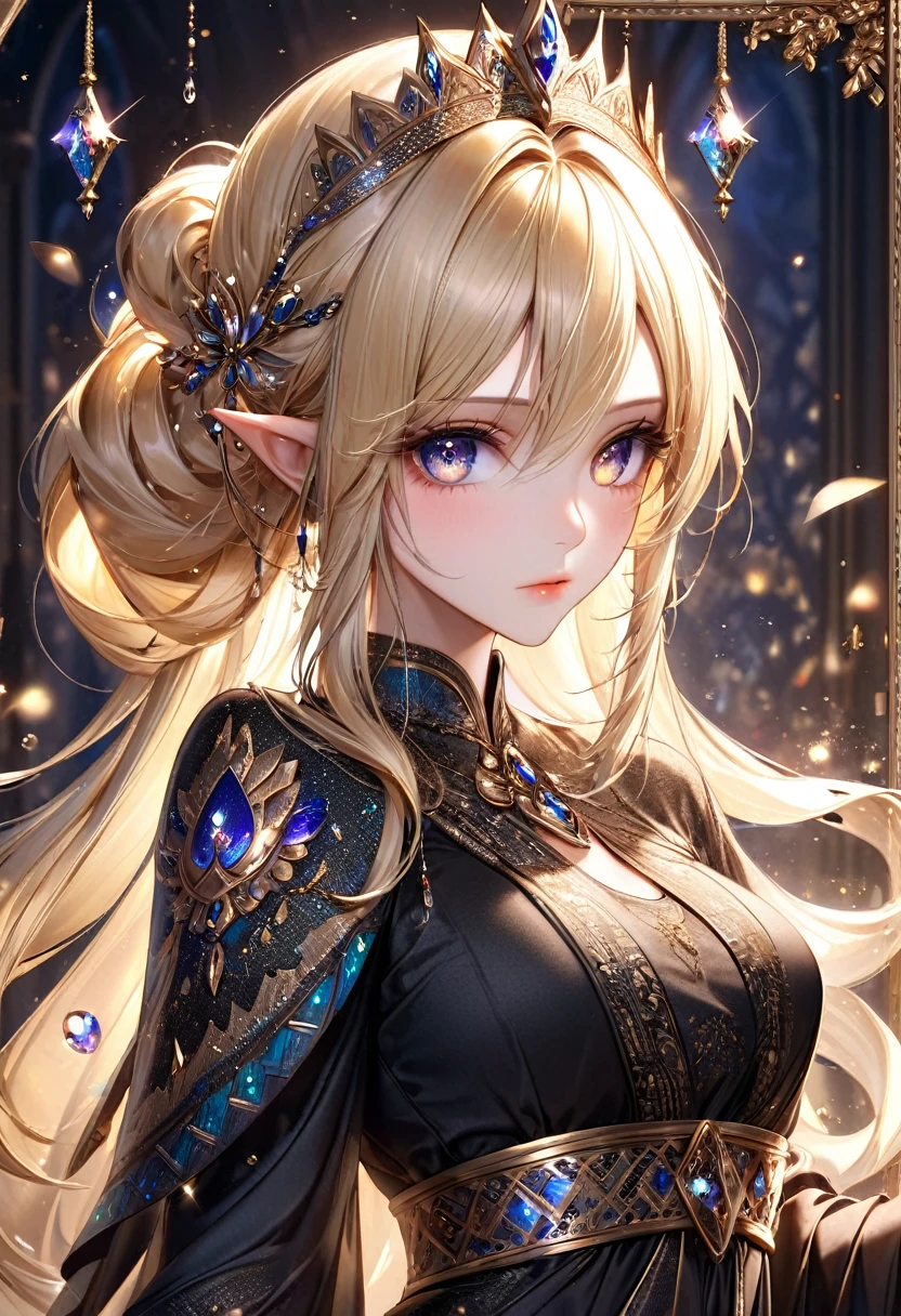 best quality, super fine, 16k, incredibly absurdres, extremely detailed, delicate and dynamic, cool and beautiful pretty elf woman, blonde half-up hairstyle, blonde princess cut hairstyle, blonde hime-cut hairstyle, captivating look, aroused expression, tall and stylish, Arabian style outfit, wonderful effects that highlight the subject, gorgeously decorated frame, gorgeously decorated picture frame, transparent translucent glowing iridescent eyes