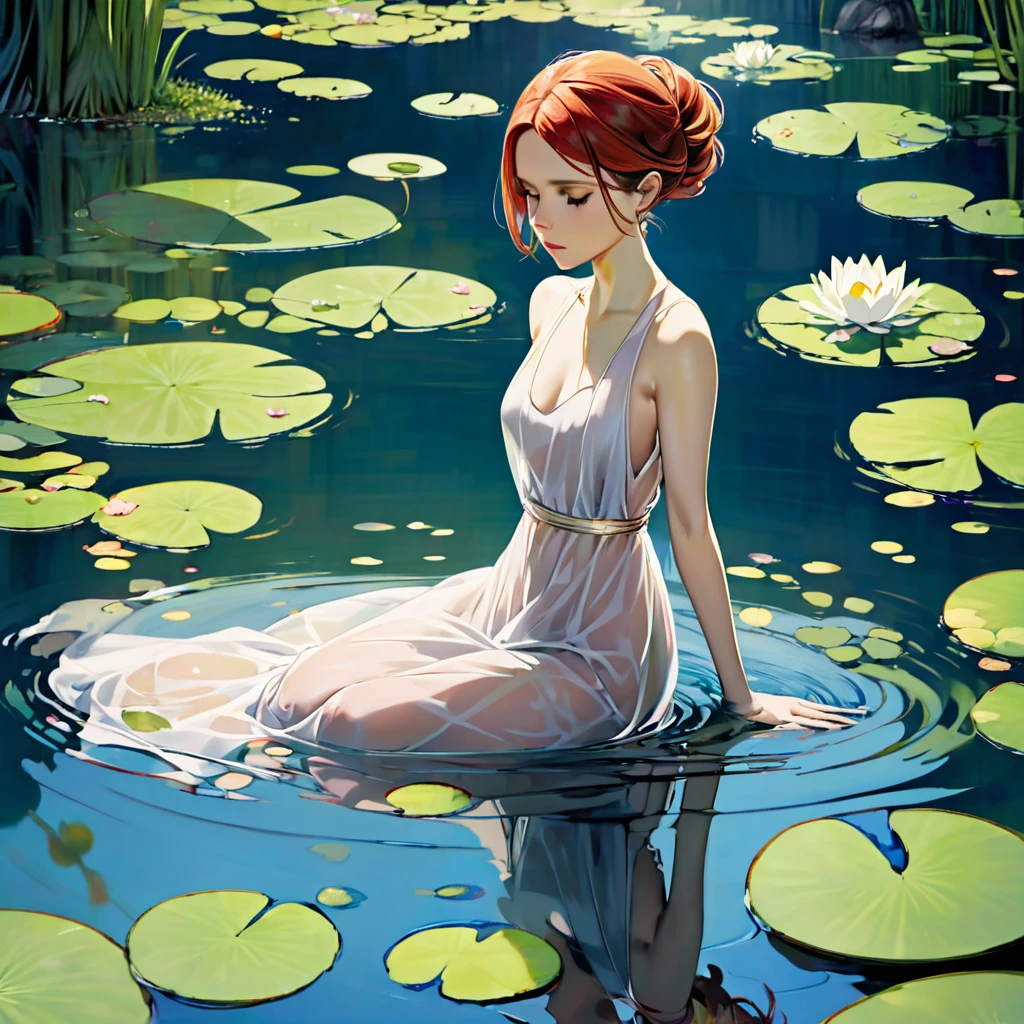 a lovely woman (Kate Mara, sheer airy gown) in a pond with lily pads in the water, in a pond, standing in a pond, floating in a powerful zen state, nymph in the water, sitting in a reflective pool, floathing underwater in a lake, sitting at a pond, in water up to her shoulders, the hair floats on the water, in a lake, in the water
