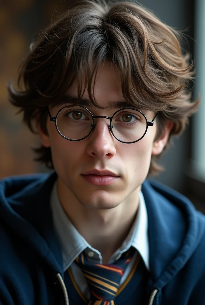 (photorealism:1.2), hogwarts ravenclaw older male student, caucasian race, wearing rectangular glasses, brown wavy curtain hairstyle, brown eyes