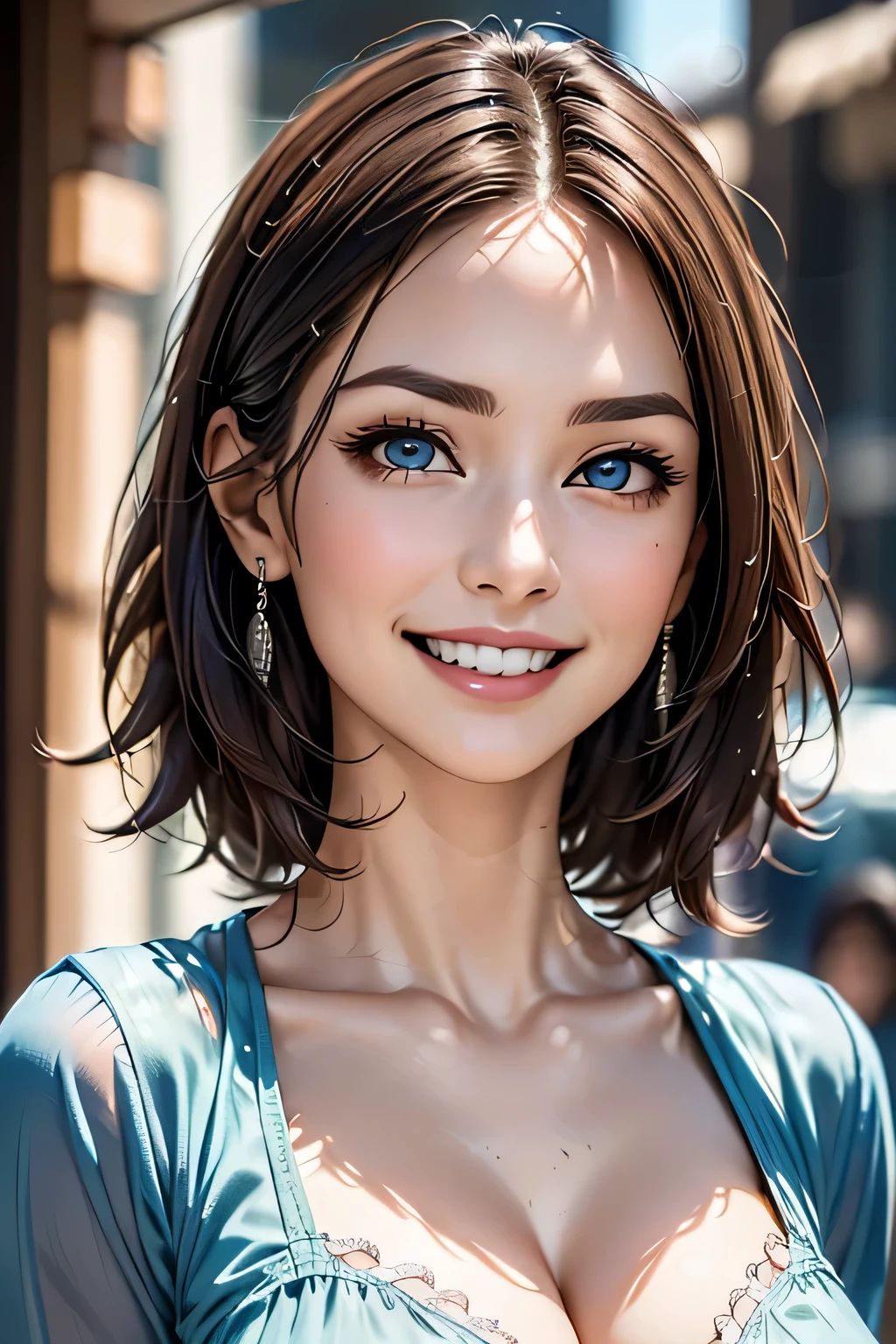 ((masterpiece)), ((Highest quality)), ((Complex)), ((Surreal)), (Realistic), (Mature Woman), ((No classes)), Very detailed, (1 female), Beautiful and exquisite, (Beautiful Teeth), Grin, Brunette bob hair, Brown eyes, ((blouse)), (Upper Body), (background:none), Perfect Eyes, Captivating eyes, Looking at the audience