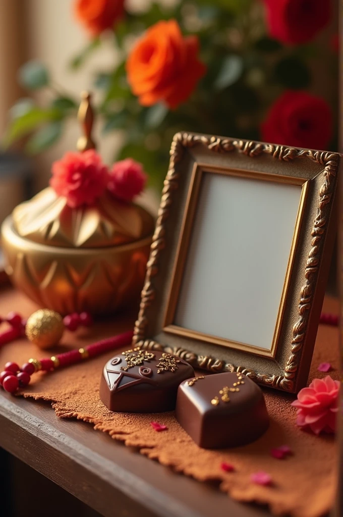 One photo frame with chocolate and rakhi on the table
