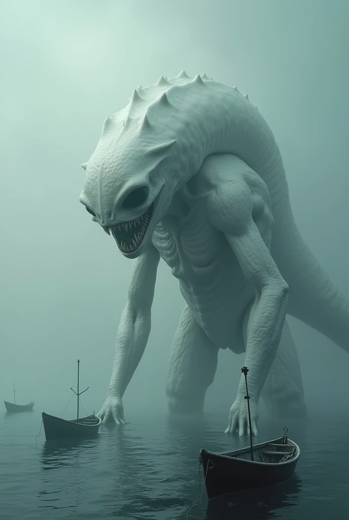 Ugly Alien Monster, Big body type, Standing in the sea, Smooth surface, the whole body is white, cough, There are small fishing boats around., A spectacular sight, heavy atmosphere, Surrealism, Chiaroscuro, Cinema Lighting, Wide Shot, masterpiece, Accurate, Anatomically correct, Super Detail, Attention to detail, Highest quality