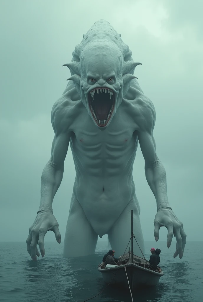 Ugly Alien Monster, Big body type, Standing in the sea, Smooth surface, the whole body is white, cough, There are small fishing boats around., A spectacular sight, heavy atmosphere, Surrealism, Chiaroscuro, Cinema Lighting, Wide Shot, masterpiece, Accurate, Anatomically correct, Super Detail, Attention to detail, Highest quality