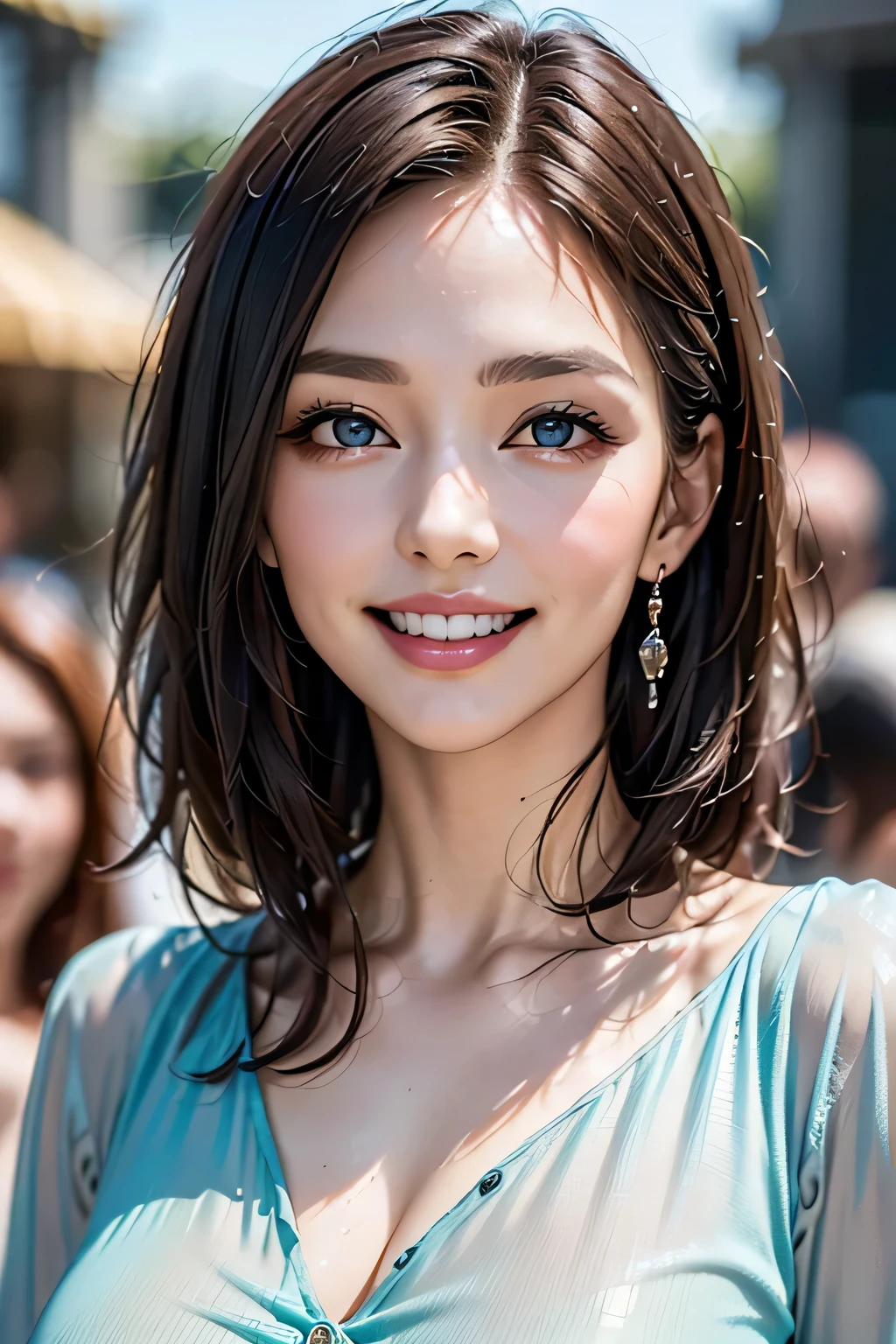 ((masterpiece)), ((Highest quality)), ((Complex)), ((Surreal)), (Realistic), (Mature Woman), ((No classes)), Very detailed, (1 female), Beautiful and exquisite, (Beautiful Teeth), Grin, Brunette bob hair, Brown eyes, ((blouse)), (Upper Body), (background:none), Perfect Eyes, Captivating eyes, Looking at the audience