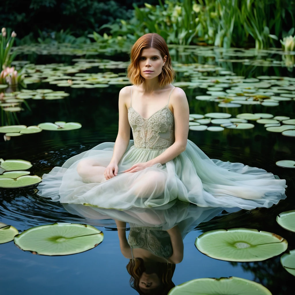a lovely woman (Kate Mara, sheer airy gown) in a pond with lily pads in the water, in a pond, standing in a pond, floating in a powerful zen state, nymph in the water, sitting in a reflective pool, floathing underwater in a lake, sitting at a pond, in water up to her shoulders, the hair floats on the water, in a lake, in the water
