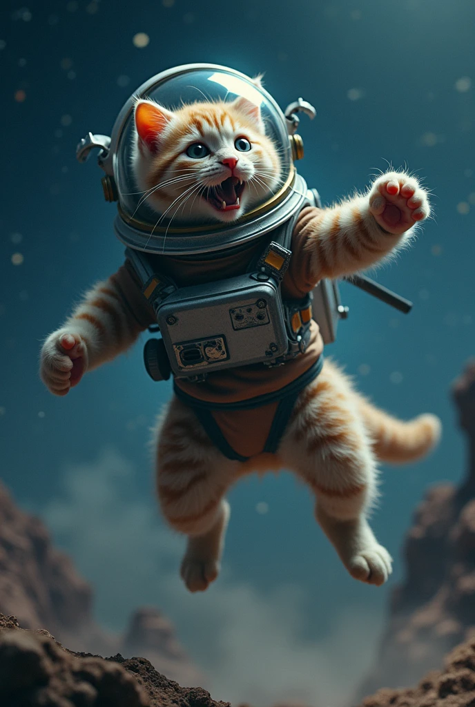 Photographic Ultra-Realism Fighting Space Cats Night Scenery ((inflammation)) ((Flying Space Cat2Animals)) Covered in scars ((Helmet)) Flipping Cat Strong winds
