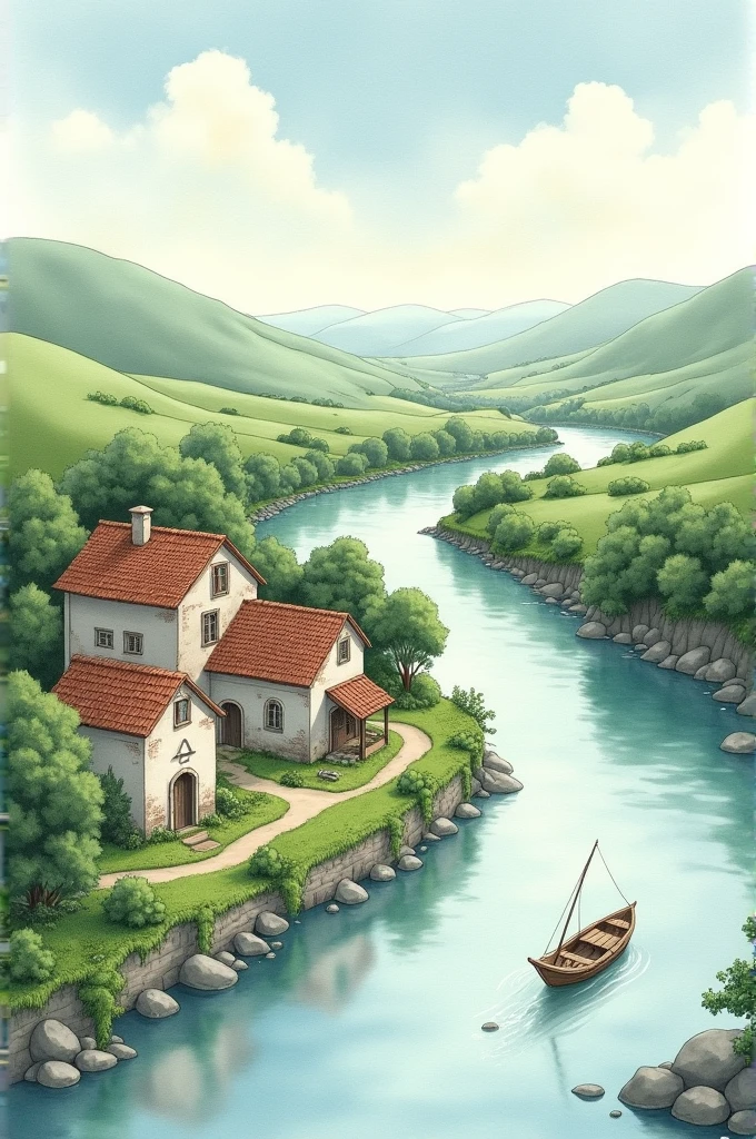 Landscape watercolor:a village Rivers boat 